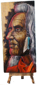 tableau pyrogravure en couleur buste du chef indien sitting bull
